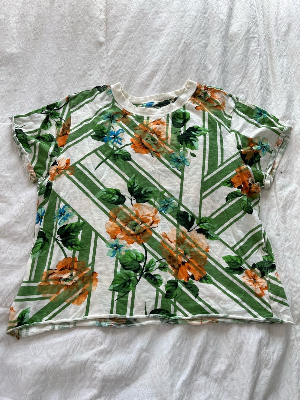 Maeve by Anthropologie Women’s Floral Stripe Short Sleeve Top - Green & Orange S